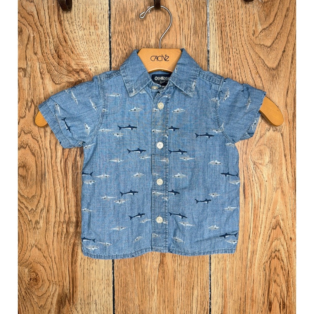 OshKosh Bgosh Boys 12M Blue Shark Print‎ Short Sleeve Button Down Shirt Chambray